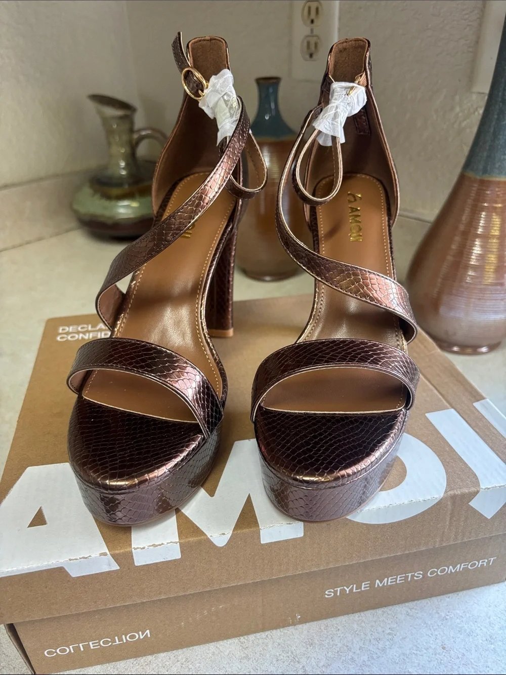 Sam Edelman Metallic Bronze Snake-Embossed Platform Sandals